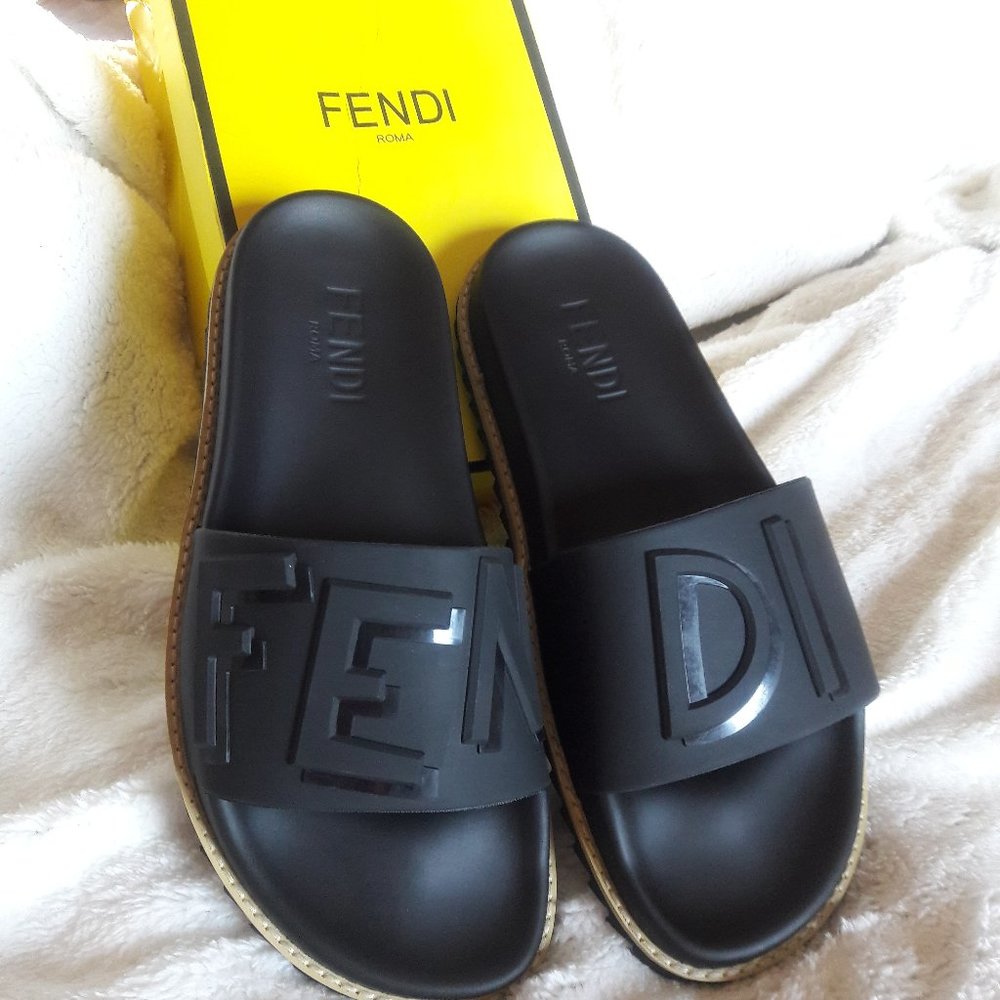 Fendi Men's Black Slides With Asymmetrical…